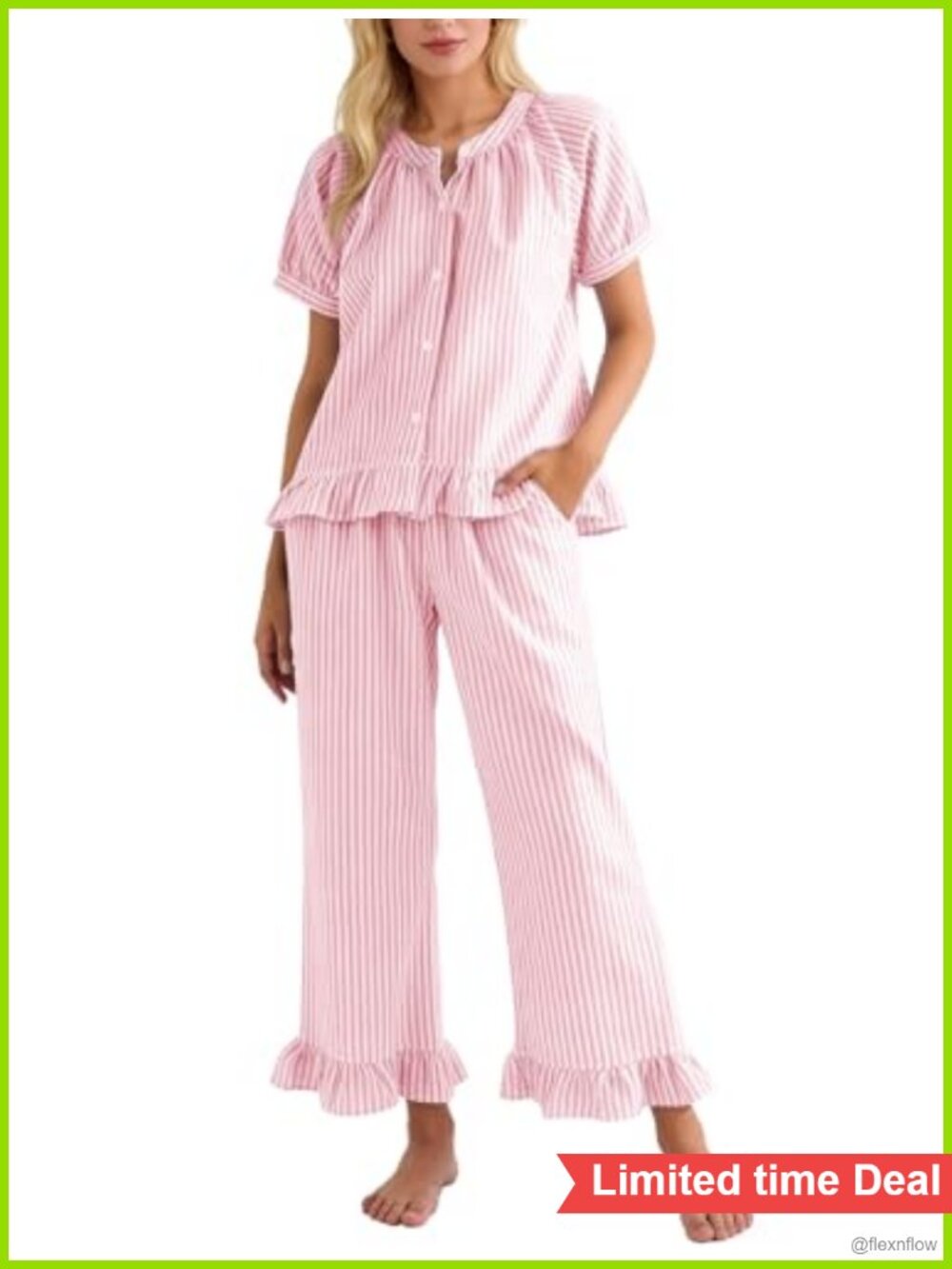 Womens Cotton Striped Pajama Set 2 Piece Ruffle Lounge PJs